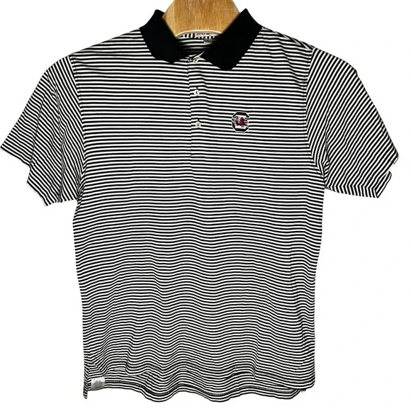 S. Carolina Gamecocks Peter Millar Striped Polo Shirt Mens L Black White Cotton - Picture 2 of 7
